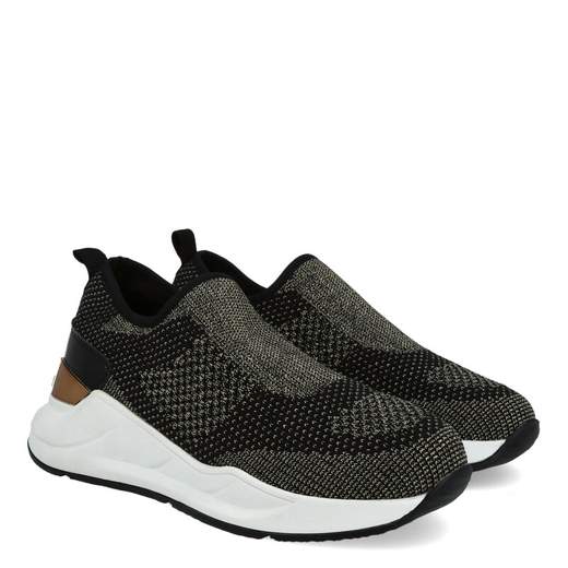 CHICAGO BLACK/GOLD,SNEAKERS SLIP-ON IN TESSUTO ELASTICO NERO CON VENATURE ORO.INSERTI IN VERNICE NERA
