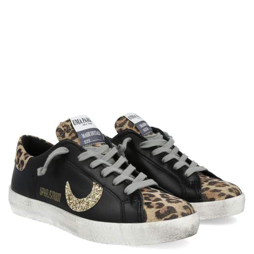 SNEAKER UMA PARKER LINEA SUPERMOON IN PELLE NERA E LEOPARD,CON FINITURE IN ORO.SUOLA ERGONOMICA IN GOMMA.