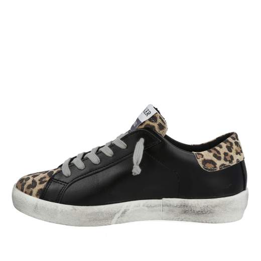 SNEAKER UMA PARKER LINEA SUPERMOON IN PELLE NERA E LEOPARD,CON FINITURE IN ORO.SUOLA ERGONOMICA IN GOMMA.