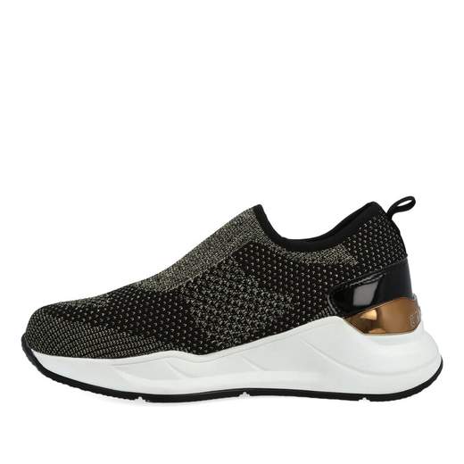 CHICAGO BLACK/GOLD,SNEAKERS SLIP-ON IN TESSUTO ELASTICO NERO CON VENATURE ORO.INSERTI IN VERNICE NERA