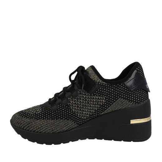 ZURIGO BLACK/GOLD.Sneakers stringata in tessuto flyknit leggero e traspirante,  di colore nero e dettagli gold, fondo zeppetta in eva leggero e flessibile