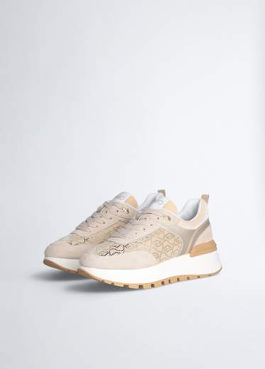 Liu°jo Sneakers Beige Donna In Suede Con Raso E Velluto<br />stampa Monogram Con Micro Paillettes<br />etichetta Logo Jacquard<br />lacci Piatti<br />suola Platform Con Leggero Bicolor<br />spoiler Posteriore Con Logo<br />battistrada Dentellato<br />altezza Suola: 5 Cm