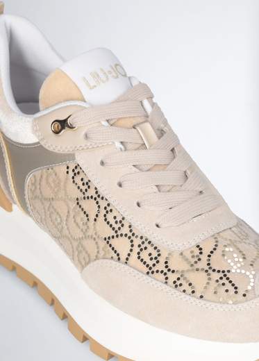 Liu°jo Sneakers Beige Donna In Suede Con Raso E Velluto<br />stampa Monogram Con Micro Paillettes<br />etichetta Logo Jacquard<br />lacci Piatti<br />suola Platform Con Leggero Bicolor<br />spoiler Posteriore Con Logo<br />battistrada Dentellato<br />altezza Suola: 5 Cm