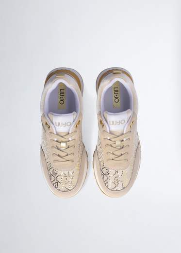 Liu°jo Sneakers Beige Donna In Suede Con Raso E Velluto<br />stampa Monogram Con Micro Paillettes<br />etichetta Logo Jacquard<br />lacci Piatti<br />suola Platform Con Leggero Bicolor<br />spoiler Posteriore Con Logo<br />battistrada Dentellato<br />altezza Suola: 5 Cm