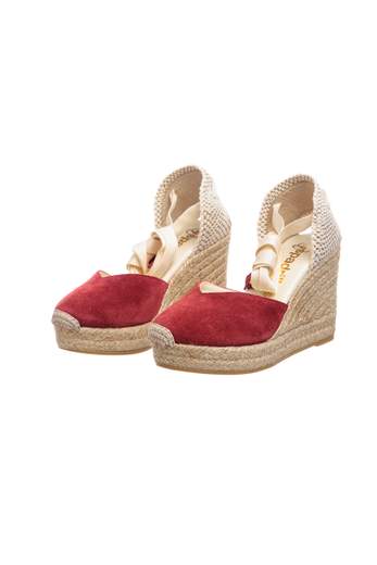Espadrillas Sandalo Espadrilles Con Punta Chiusa A V In Pelle Scamosciata, Tallone In Tessuto E Laccio Alla Caviglia. Altezza 9,5 Cm.