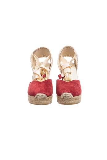 Espadrillas Sandalo Espadrilles Con Punta Chiusa A V In Pelle Scamosciata, Tallone In Tessuto E Laccio Alla Caviglia. Altezza 9,5 Cm.