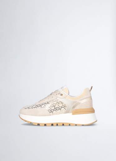 Liu°jo Sneakers Beige Donna In Suede Con Raso E Velluto<br />stampa Monogram Con Micro Paillettes<br />etichetta Logo Jacquard<br />lacci Piatti<br />suola Platform Con Leggero Bicolor<br />spoiler Posteriore Con Logo<br />battistrada Dentellato<br />altezza Suola: 5 Cm
