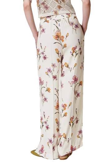 TWINSET PANTALONI IN CREPE A FIORI CON ELASTICO