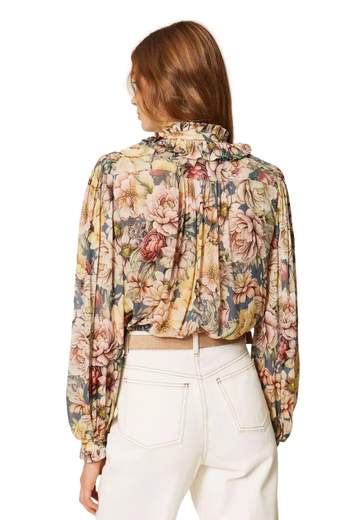 TWINSET CAMICIA IN CREPONNE FIORI E LUREX