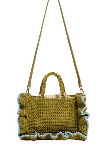 TWINSET TOTE MEDIA TESSUTO EFFETTO PAGLIA CON PROFILO UNCINETTO