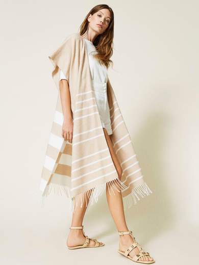 TWINSET GILET LUNGO CON RIGHE E FRANGE
