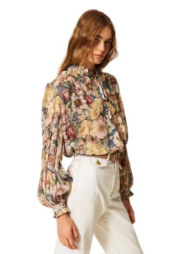 TWINSET CAMICIA IN CREPONNE FIORI E LUREX