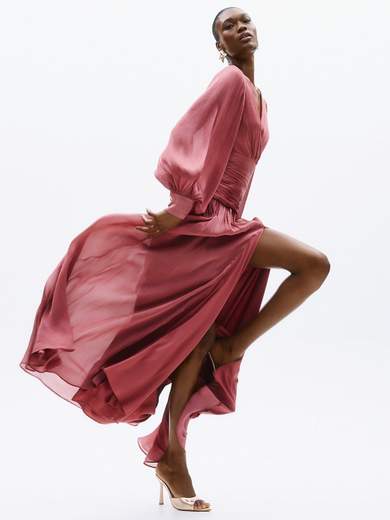 Abito Lungo da Cerimonia in Chiffon con Maniche a Sbuffo A4801