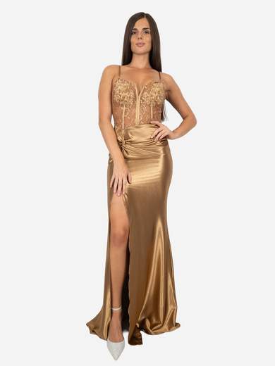 Abito da cerimonia lungo a sirena elegante con corpetto in pizzo e spacco laterale