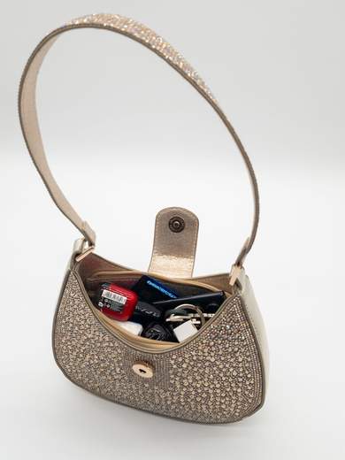 Pochette da cerimonia oro elegante con strass e tracolla rimovibile
