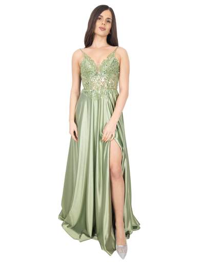 Long formal dress with embellished bodice and slit