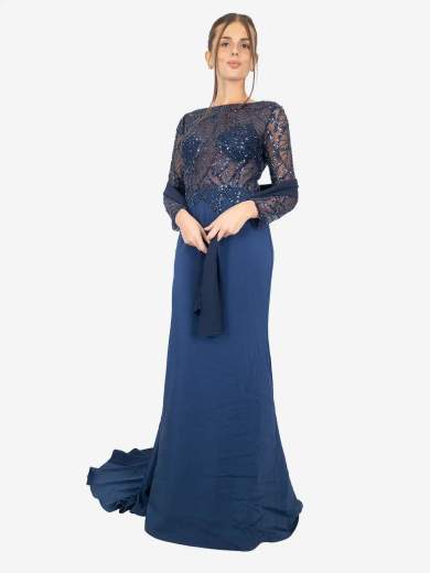 Abito da cerimonia lungo a sirena con maniche lunghe e strass – Modello 29242