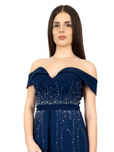Tuta da Cerimonia Elegante Scollo Omerale con Strass e Gonna in Chiffon