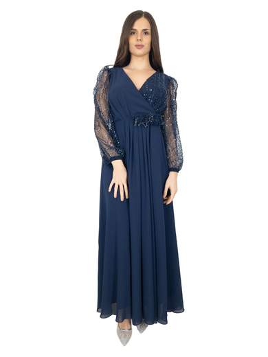 Long Ceremony Dress with Cross-Over V-Neckline