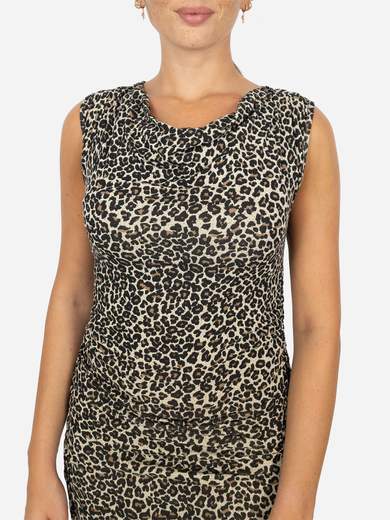 Abito corto aderente con stampa animalier e scollo a sbuffo
