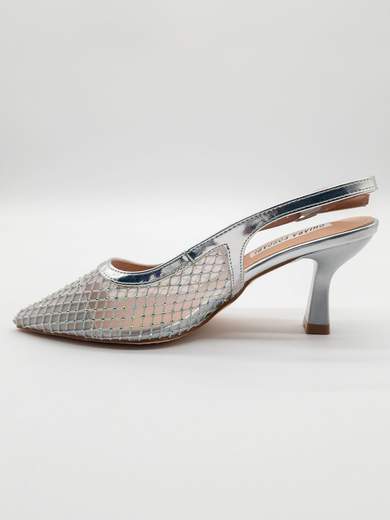 Slingback Argento a Rete con Strass e Tacco a Clessidra 7,5 cm
