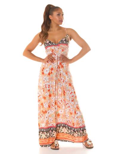 Long Summer Dress Boho Style in Viscose with V-Neck and Adjustable Straps