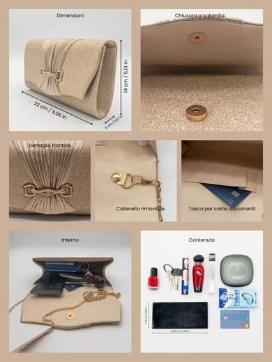 Pochette da Cerimonia Oro Glitterata con Catena Rimovibile – Elegante e Compatta