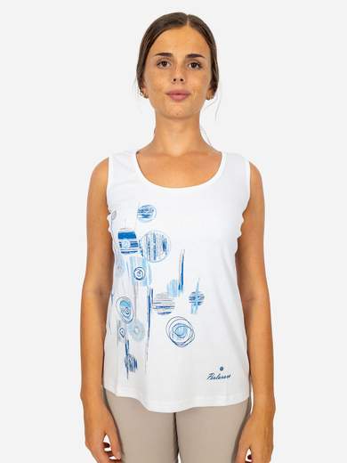 PERLARARA Canotta donna in cotone con stampa a cerchi e dettagli brillanti C112