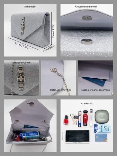 JESSICA Pochette da Cerimonia Argento con Strass e Tracolla Rimovibile A-2581-ARGENTO