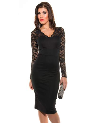 KOUCLA Abito Midi Elegante con Maniche in Pizzo Nero 0000K18409