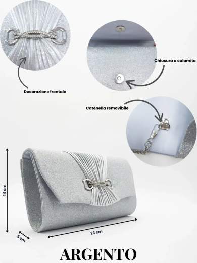 MICHELLE MOON Pochette da Cerimonia Argento con Strass e Catena Removibile HD1354-ARGENTO