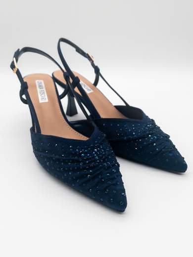 Décolleté slingback blu con strass e tacco a clessidra