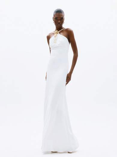 ALLURE Abito Lungo Bianco a Sirena con Scollo all'Americana e Decorazione Oro a4807