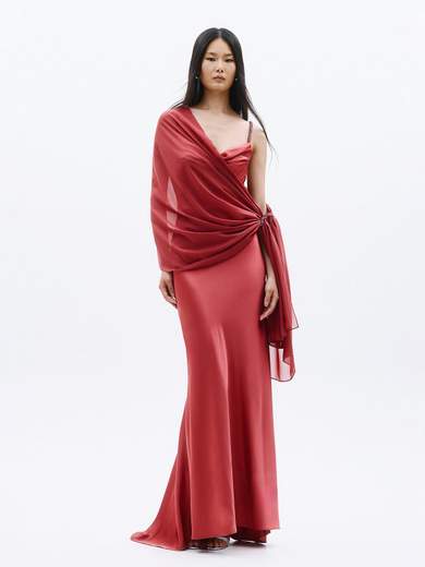 Abito Lungo da Cerimonia in Raso con Stola e Spalline Gioiello