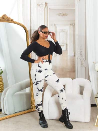 Leggings Sexy in Batik a Vita Alta con Cucitura Arricciata