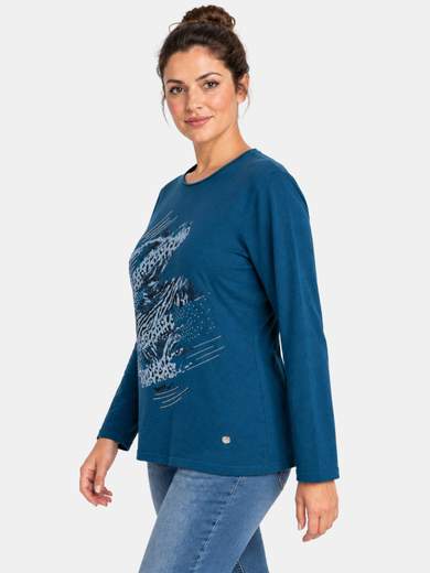 Maglia a girocollo con stampa maculata e strass