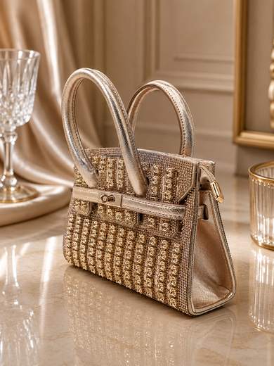 JESSICA Borsa da Sera Champagne con Strass, Pietrine e Tracolla Rimovibile p-6013-CHAMPAGNE