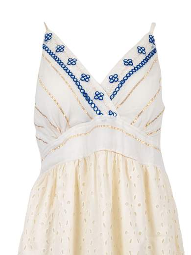 Short viscose dress with ethnic details and ruffles – BHI9870