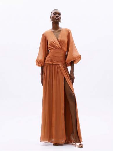 Abito Lungo da Cerimonia in Chiffon con Maniche a Sbuffo A4801