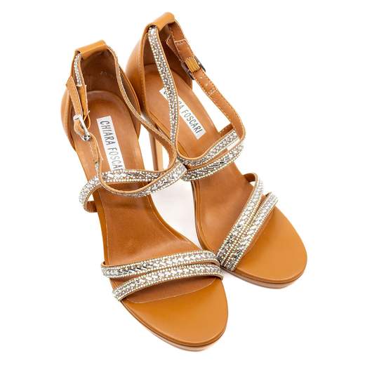 Sandali Con Tacco Alto E Plateau Color Cammello A Gioiello