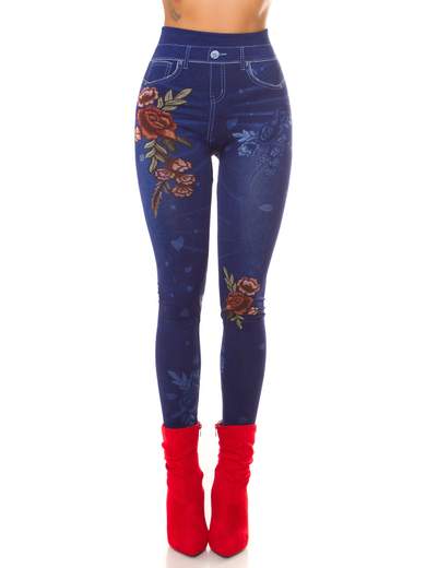 Leggings donna effetto jeans con stampa floreale