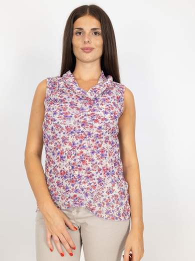 Top Donna Senza Maniche Floreale In Chiffon Scollo Drappeggiato