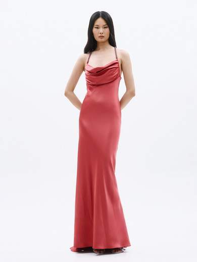 Abito Lungo da Cerimonia in Raso con Stola e Spalline Gioiello