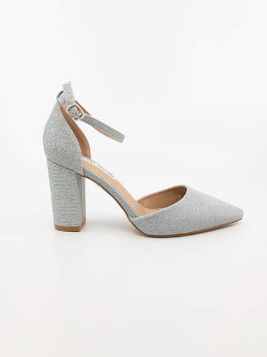 Décolleté argento glitterato con tacco largo e cinturino