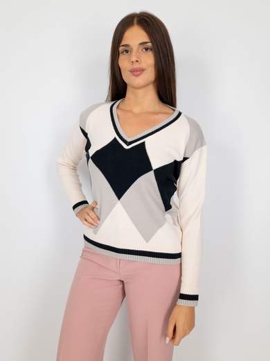 Maglia Pullover Donna Invernale A Rombi Con Lo Scollo A V