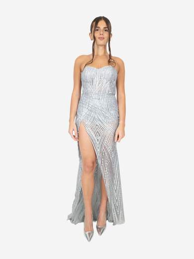 Silver Mermaid Long Dress with Deep Slit and Stole – Code 4473