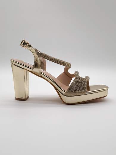 Gold Jewel Ceremony Sandals with Chunky Heel and Rhinestones