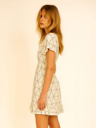 Short viscose wrap dress with ruffled sleeves – Beige