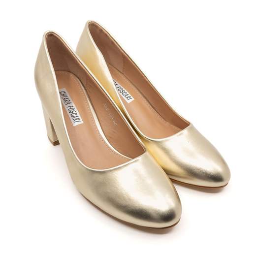 Scarpe Decollete Comode A Punta Tonda E Tacco Largo Color Oro