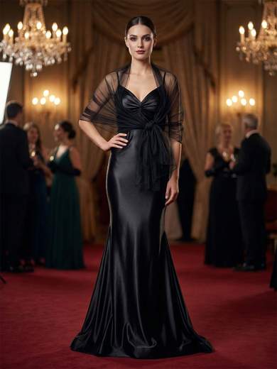 Abito Lungo a Sirena in Raso per Cerimonia con Stola Inclusa